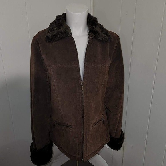 Vintage Authentic GUESS 100% Leather Suede Jacket Faux Fur Lining Y2K MediumccX - Picture 1 of 12
